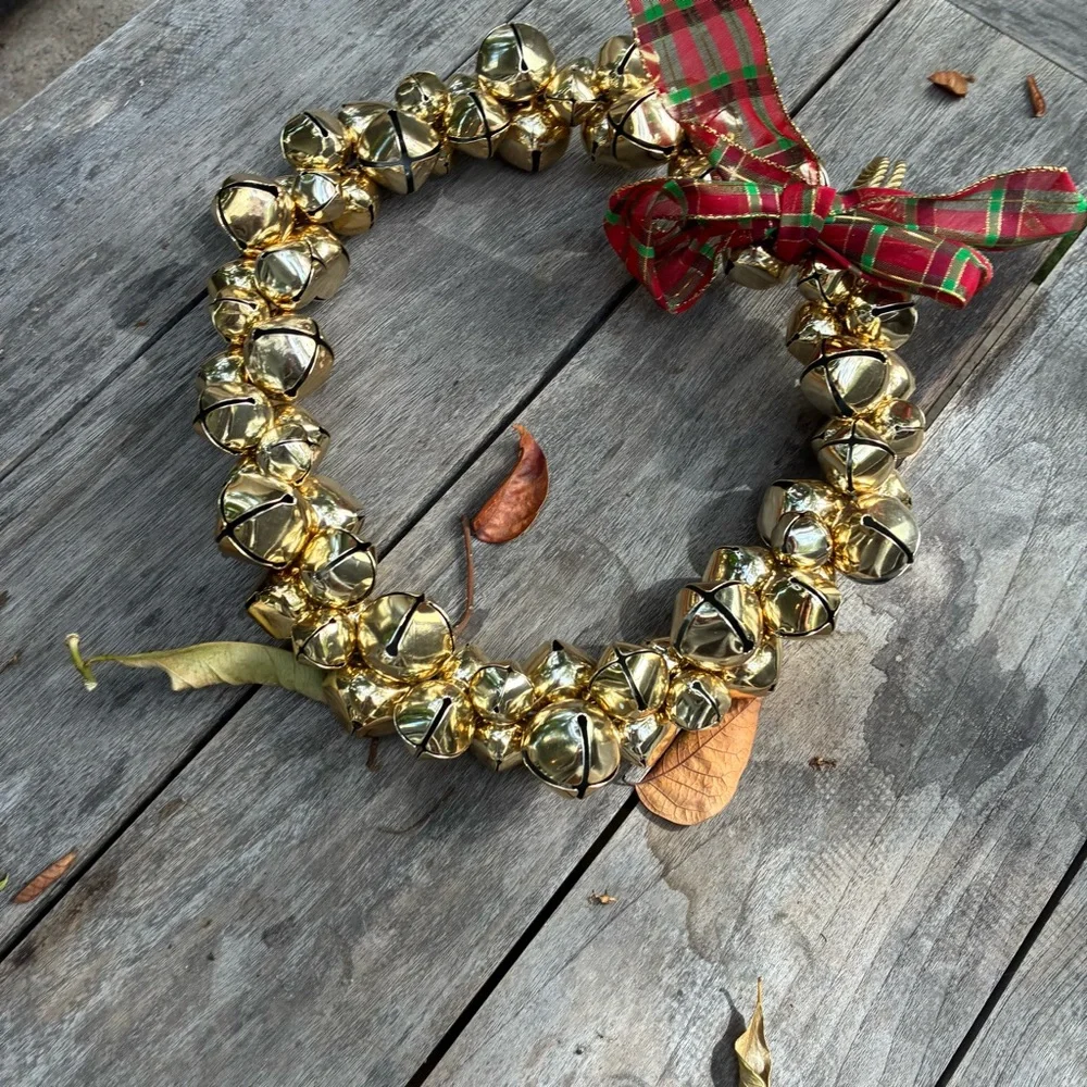 Festive Gold Bell Wreath with Red Plaid Ribbon